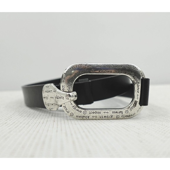 Chicos Belt Womens M-L Black Silver Tone Hook Buckle "Positive Words" Engraved - Picture 4 of 14